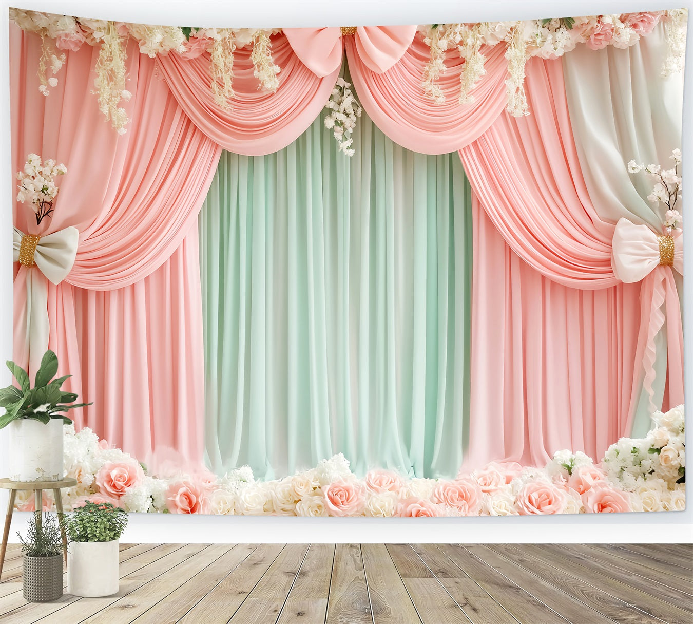 Pink Bow Backdrop Blush Mint Floral Drapery Victorian Backdrop UK LXX510-112