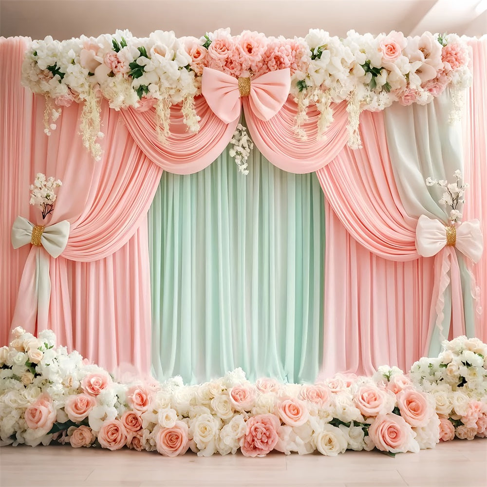 Pink Bow Backdrop Blush Mint Floral Drapery Victorian Backdrop UK LXX510-112