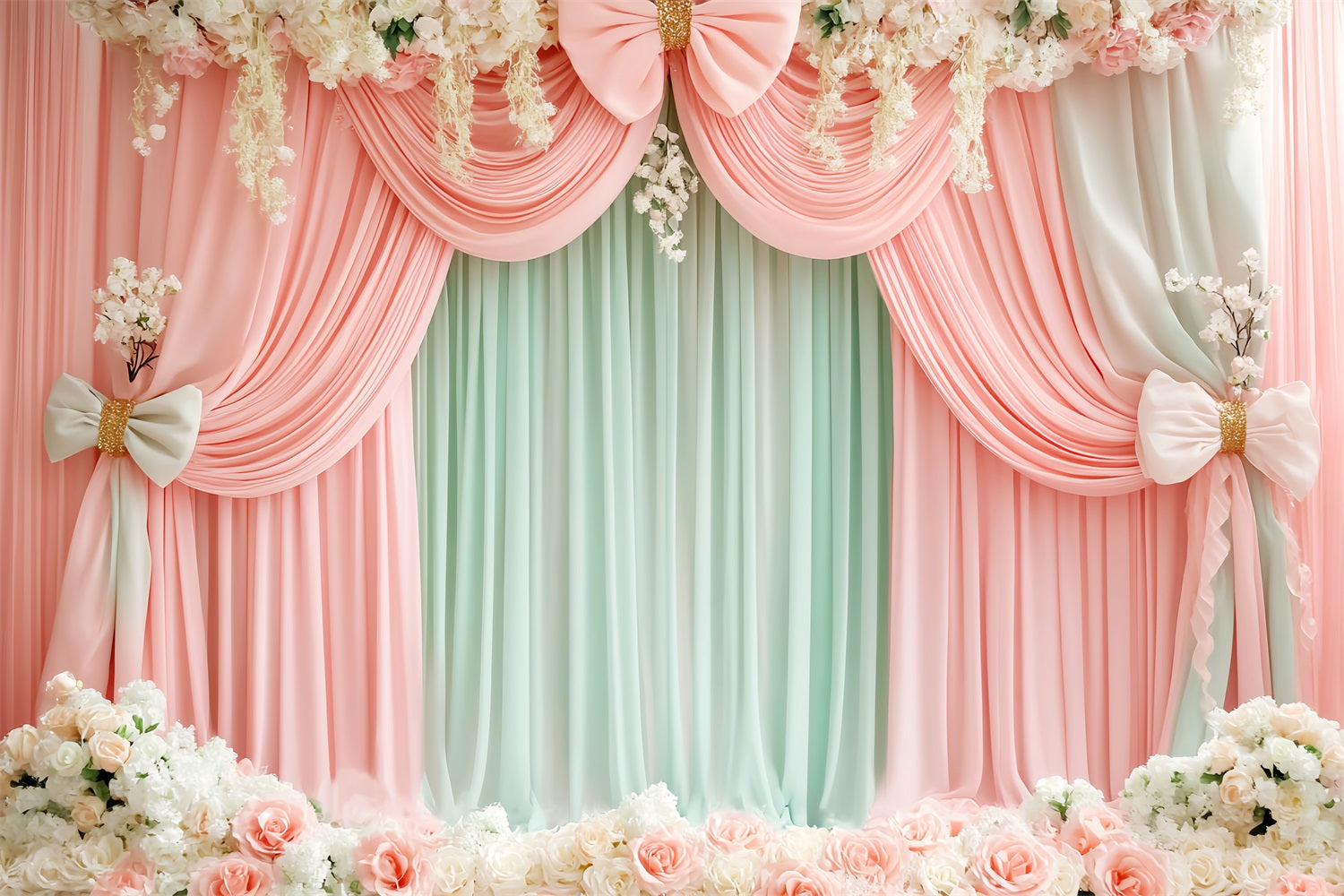 Pink Bow Backdrop Blush Mint Floral Drapery Victorian Backdrop UK LXX510-112