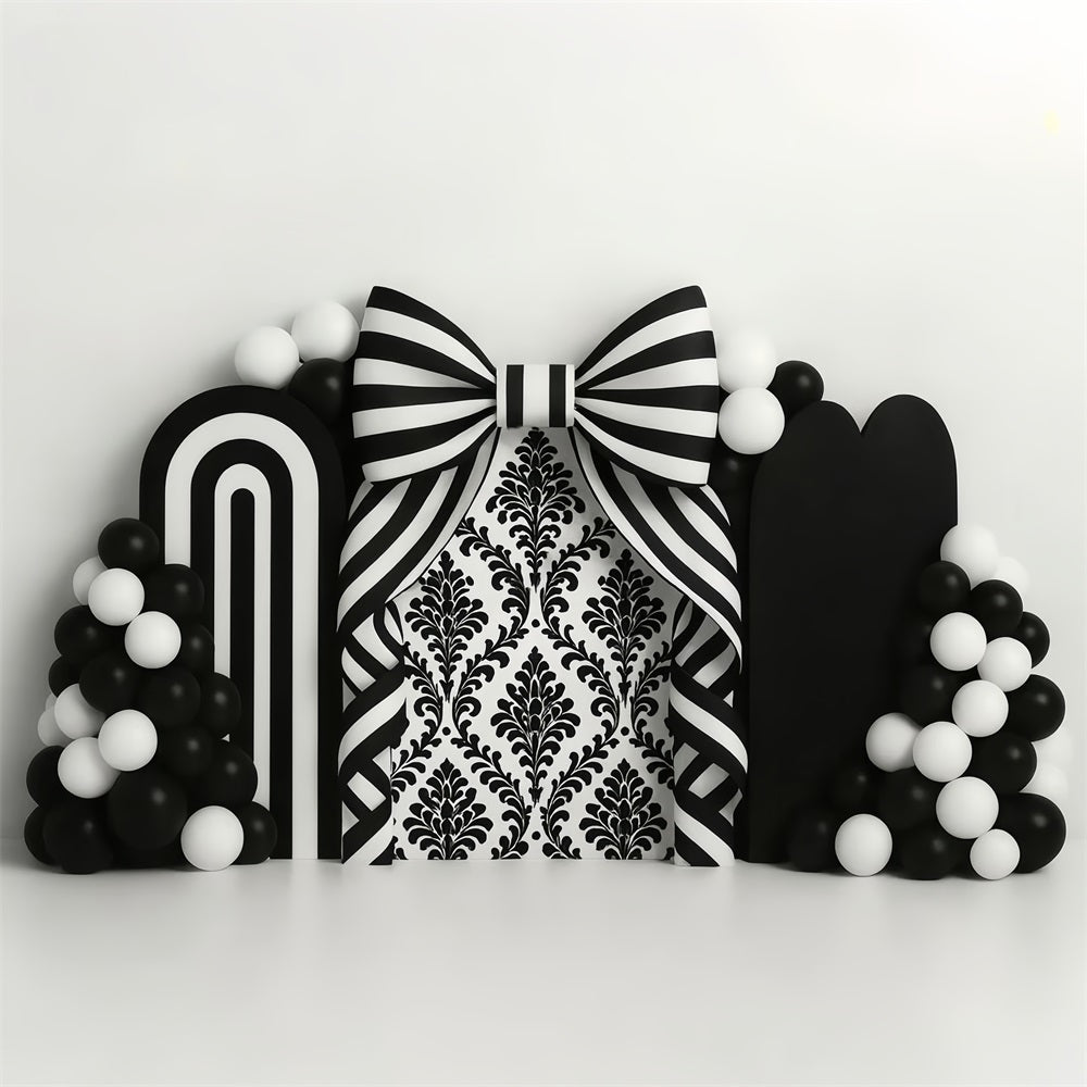 Black Bow Backdrop Monochrome Stripe Balloon Arch Victorian Backdrop UK LXX510-115