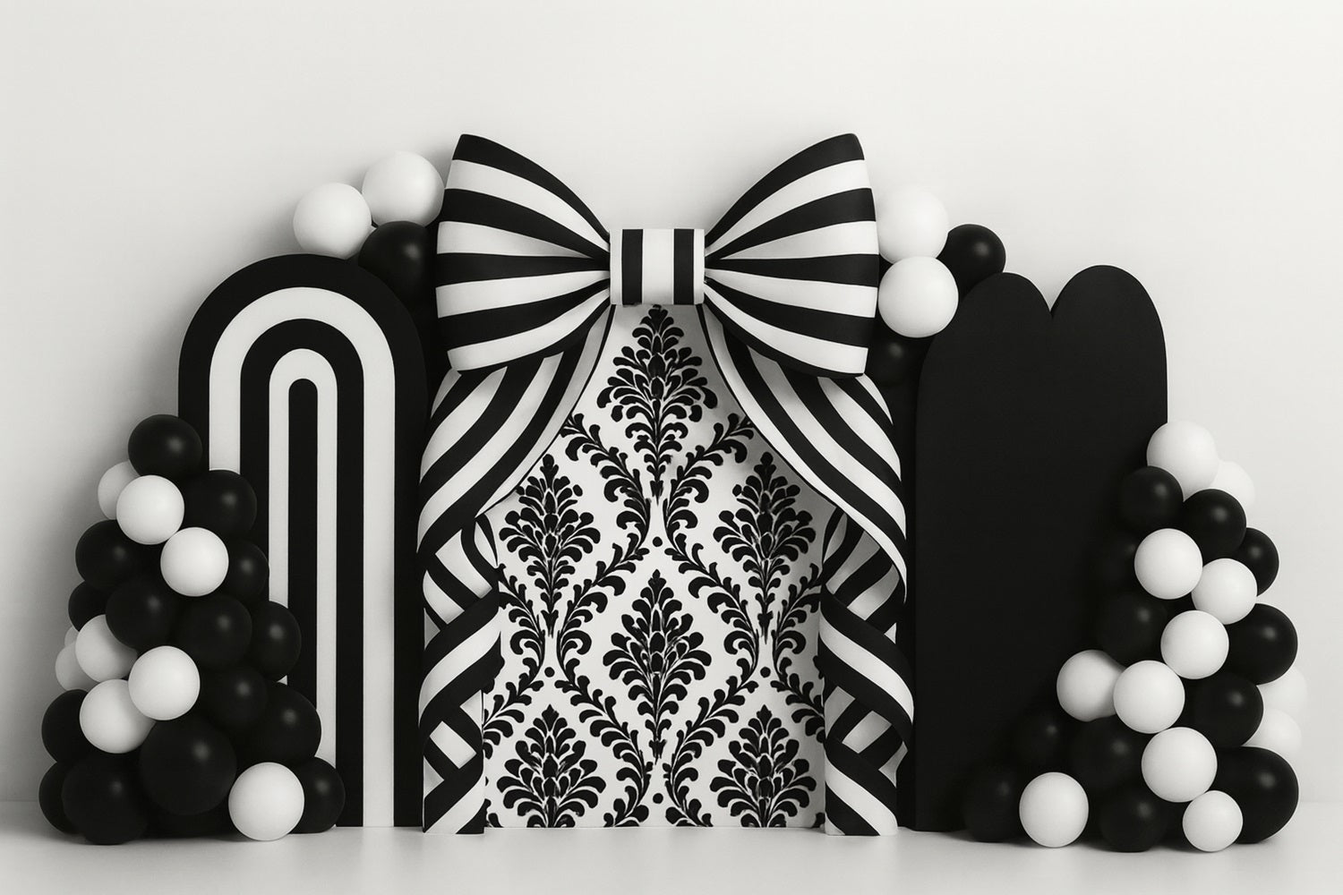 Black Bow Backdrop Monochrome Stripe Balloon Arch Victorian Backdrop UK LXX510-115
