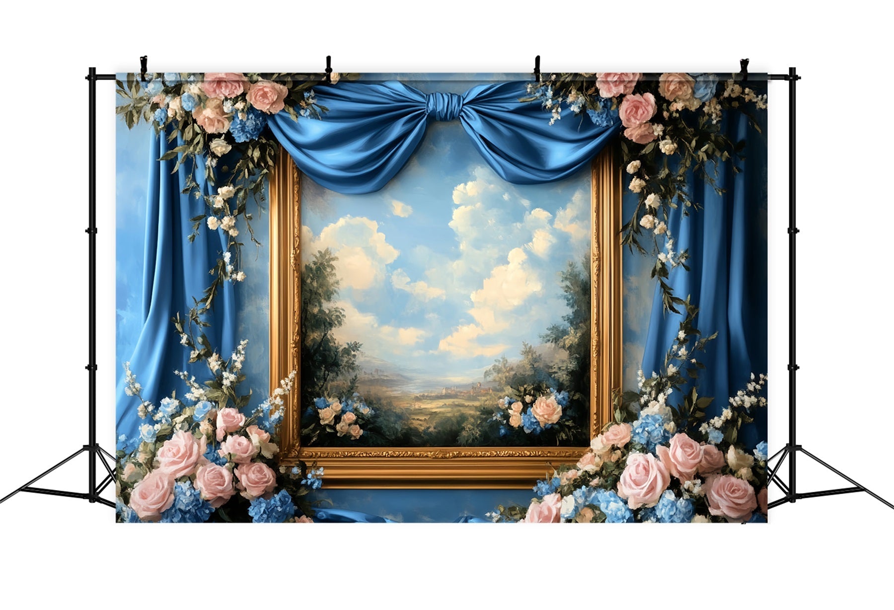 Large Bow Backdrop Blue Floral Painting Frame Victorian Photo Backdrop UK LXX510-117