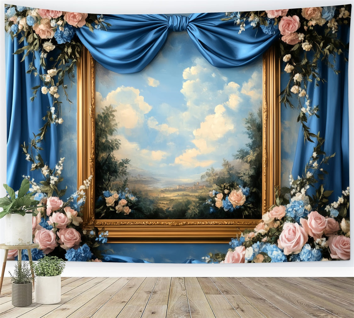 Large Bow Backdrop Blue Floral Painting Frame Victorian Photo Backdrop UK LXX510-117