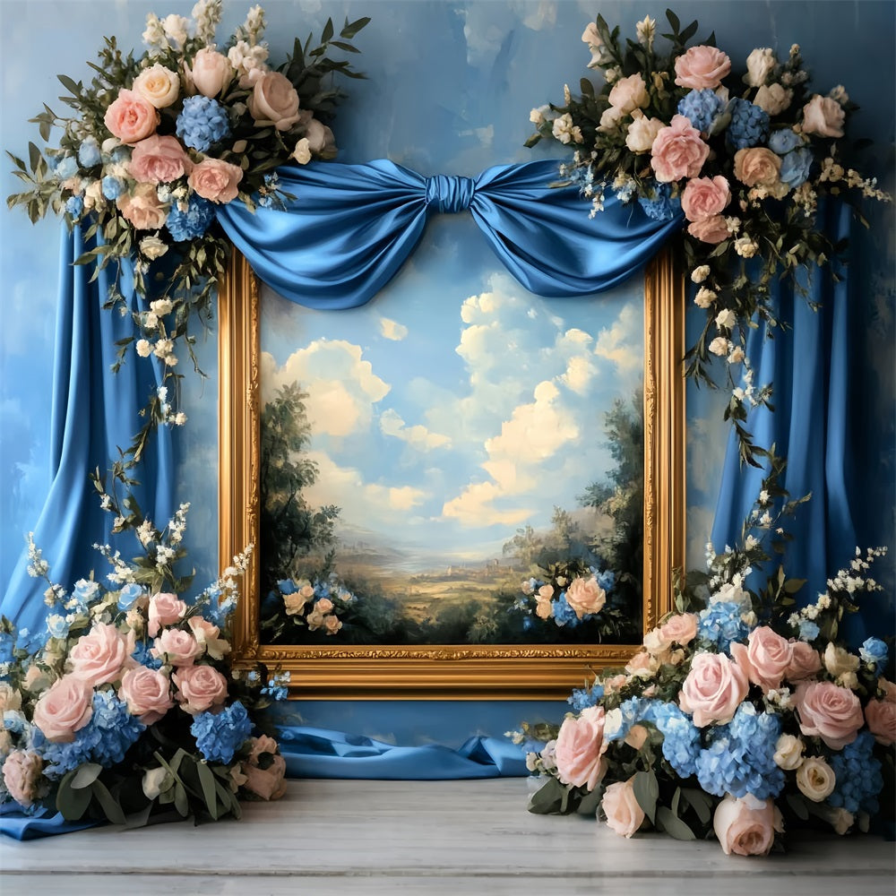 Large Bow Backdrop Blue Floral Painting Frame Victorian Photo Backdrop UK LXX510-117