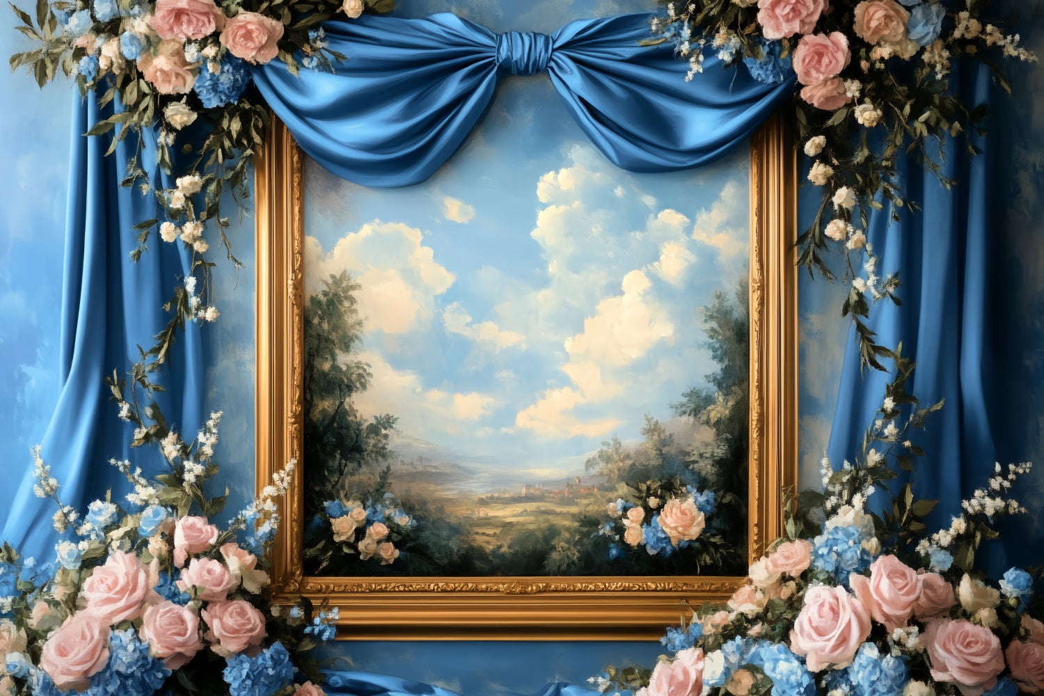 Large Bow Backdrop Blue Floral Painting Frame Victorian Photo Backdrop UK LXX510-117