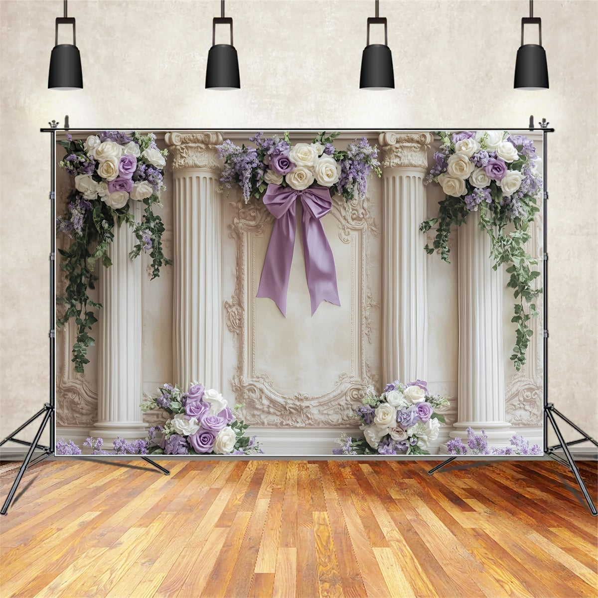 Large Bow Backdrop Lavender Ivory Floral Columns Victorian Backdrop UK LXX510-119
