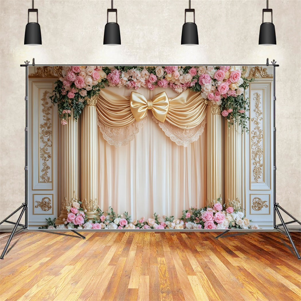 Large Bow Backdrop Golden Bow Rose Columns Victorian Photo Backdrop UK LXX510-120