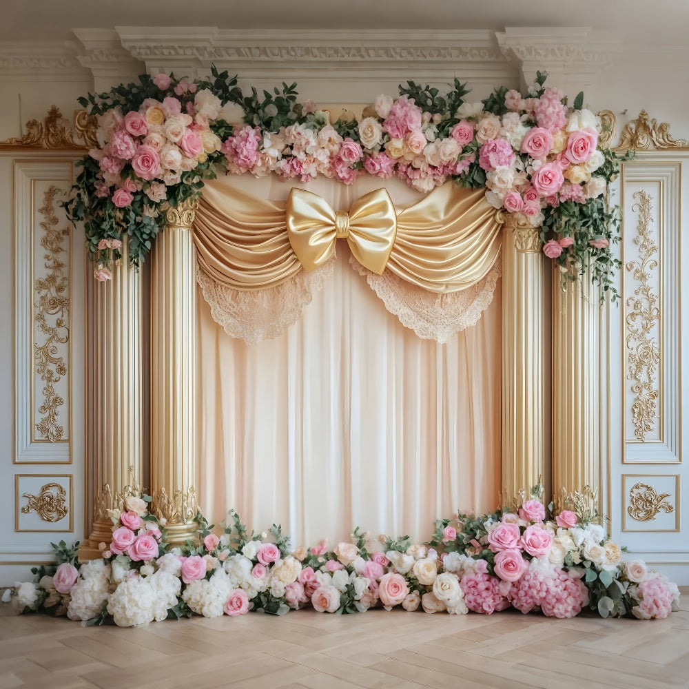 Large Bow Backdrop Golden Bow Rose Columns Victorian Photo Backdrop UK LXX510-120