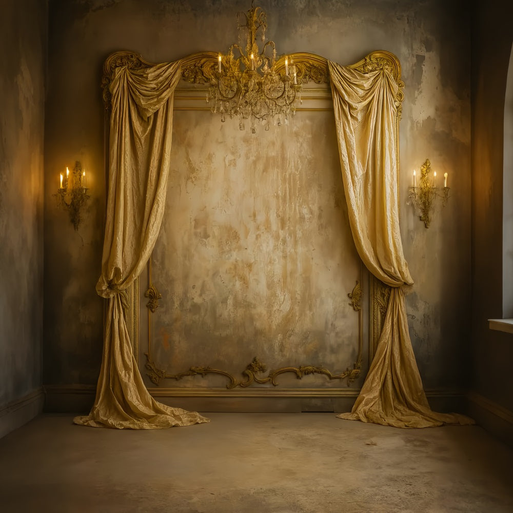 Vintage Wall Backdrop Golden Draped Chandelier Elegance Victorian Backdrop UK LXX510-130
