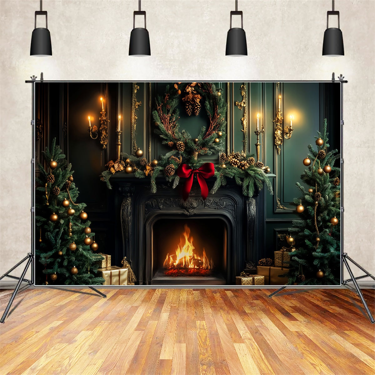 Victorian Christmas Backdrop Emerald Fireplace Holiday Warmth Victorian Backdrop UK LXX510-135