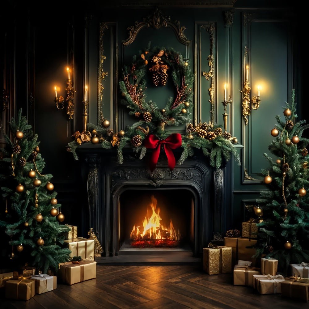 Victorian Christmas Backdrop Emerald Fireplace Holiday Warmth Victorian Backdrop UK LXX510-135