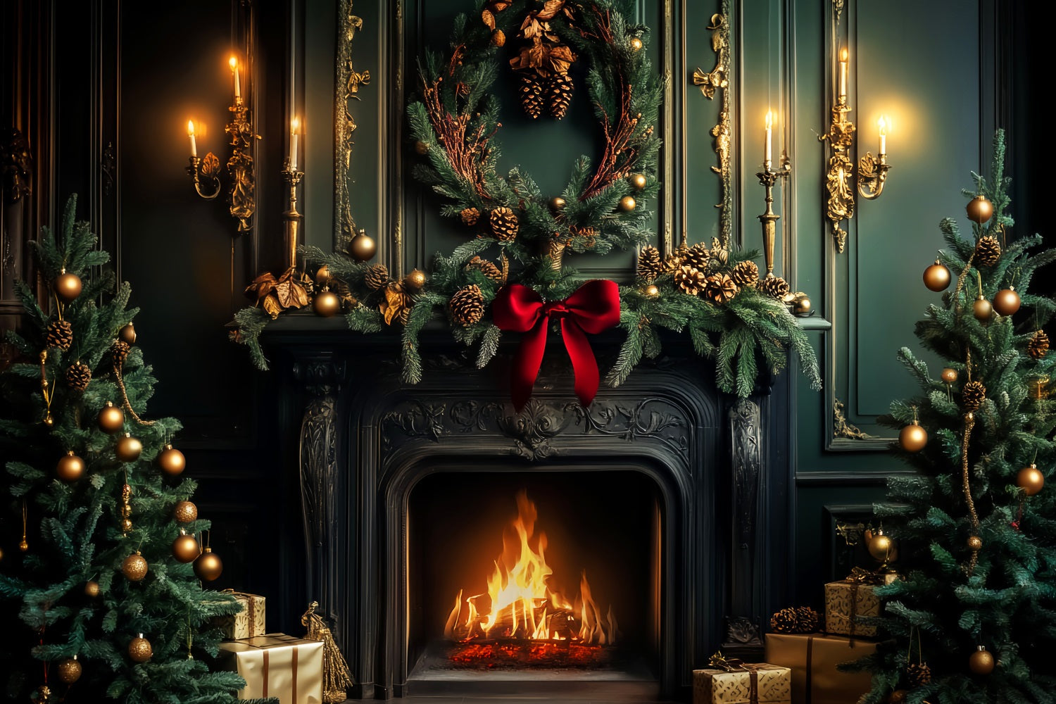 Victorian Christmas Backdrop Emerald Fireplace Holiday Warmth Victorian Backdrop UK LXX510-135