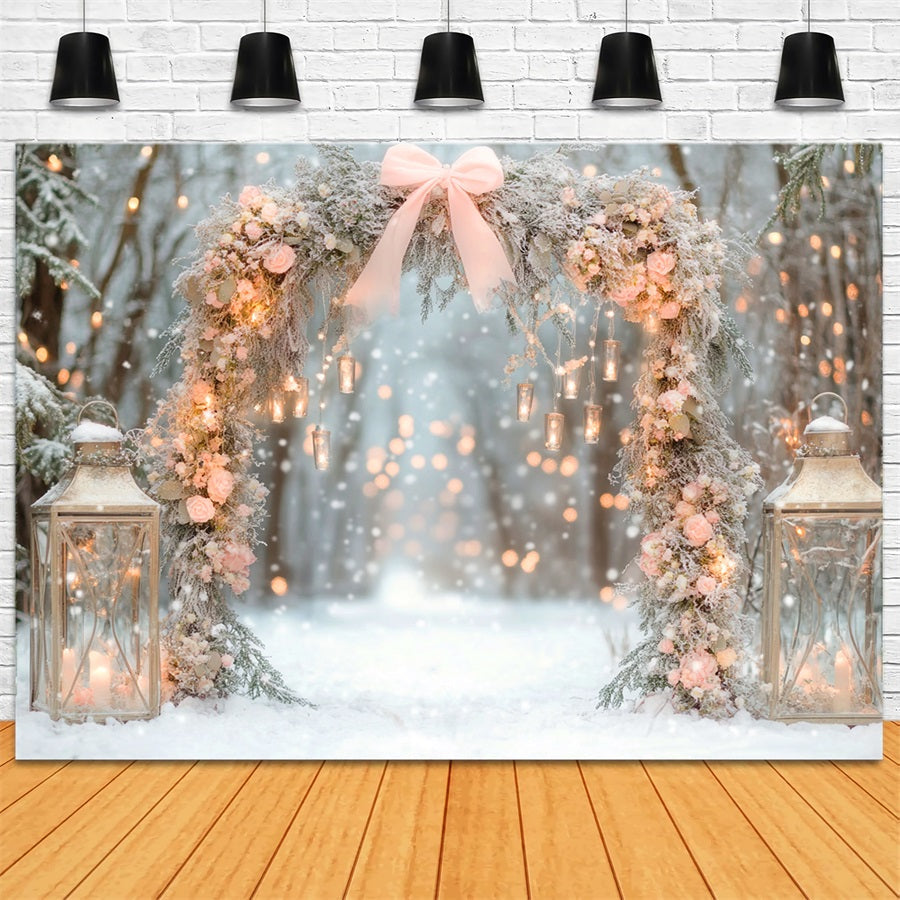 Pink Bow Backdrop Snowy Floral Lantern Arch Winter Backdrop UK LXX510-137