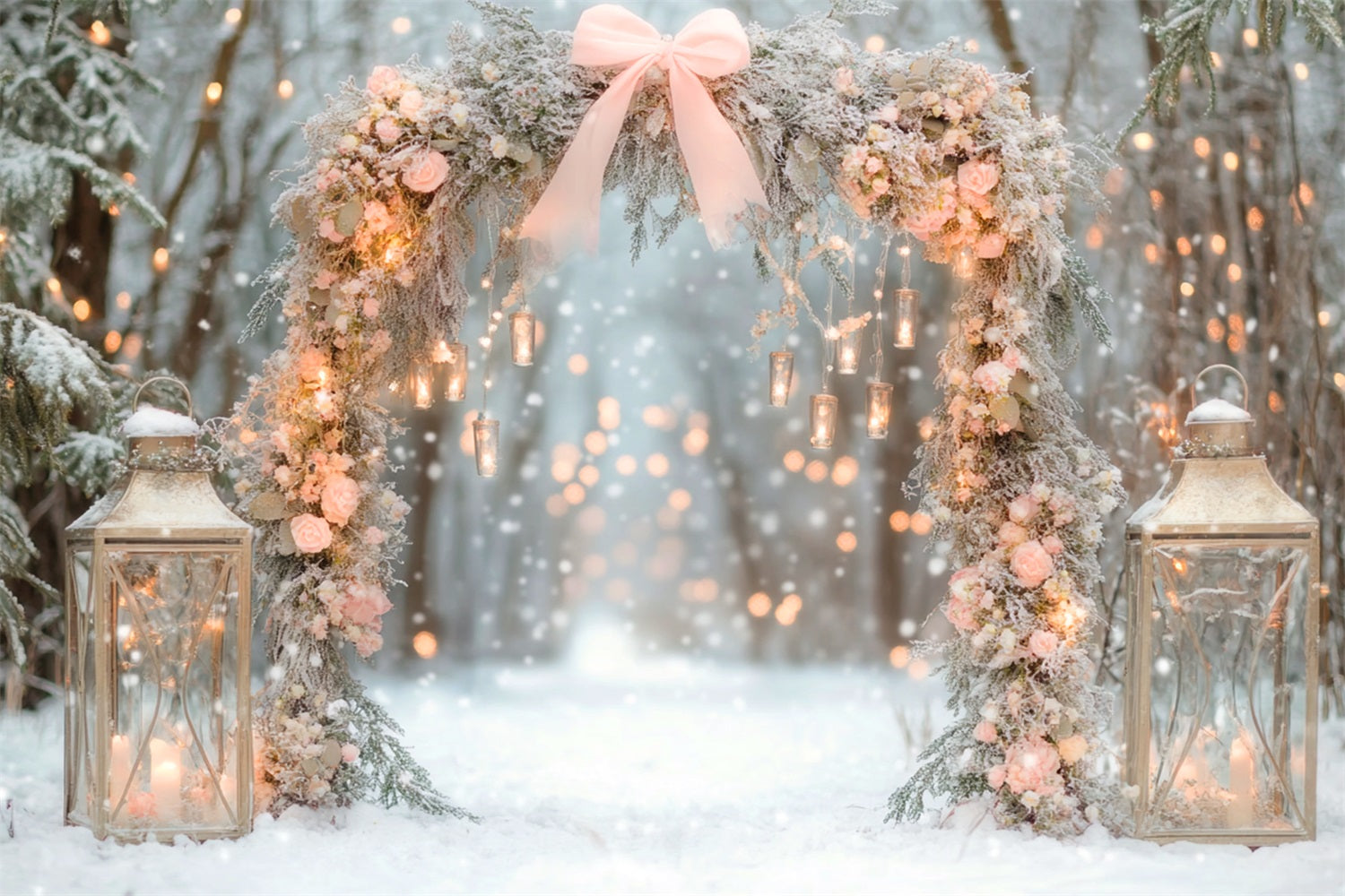 Pink Bow Backdrop Snowy Floral Lantern Arch Winter Backdrop UK LXX510-137