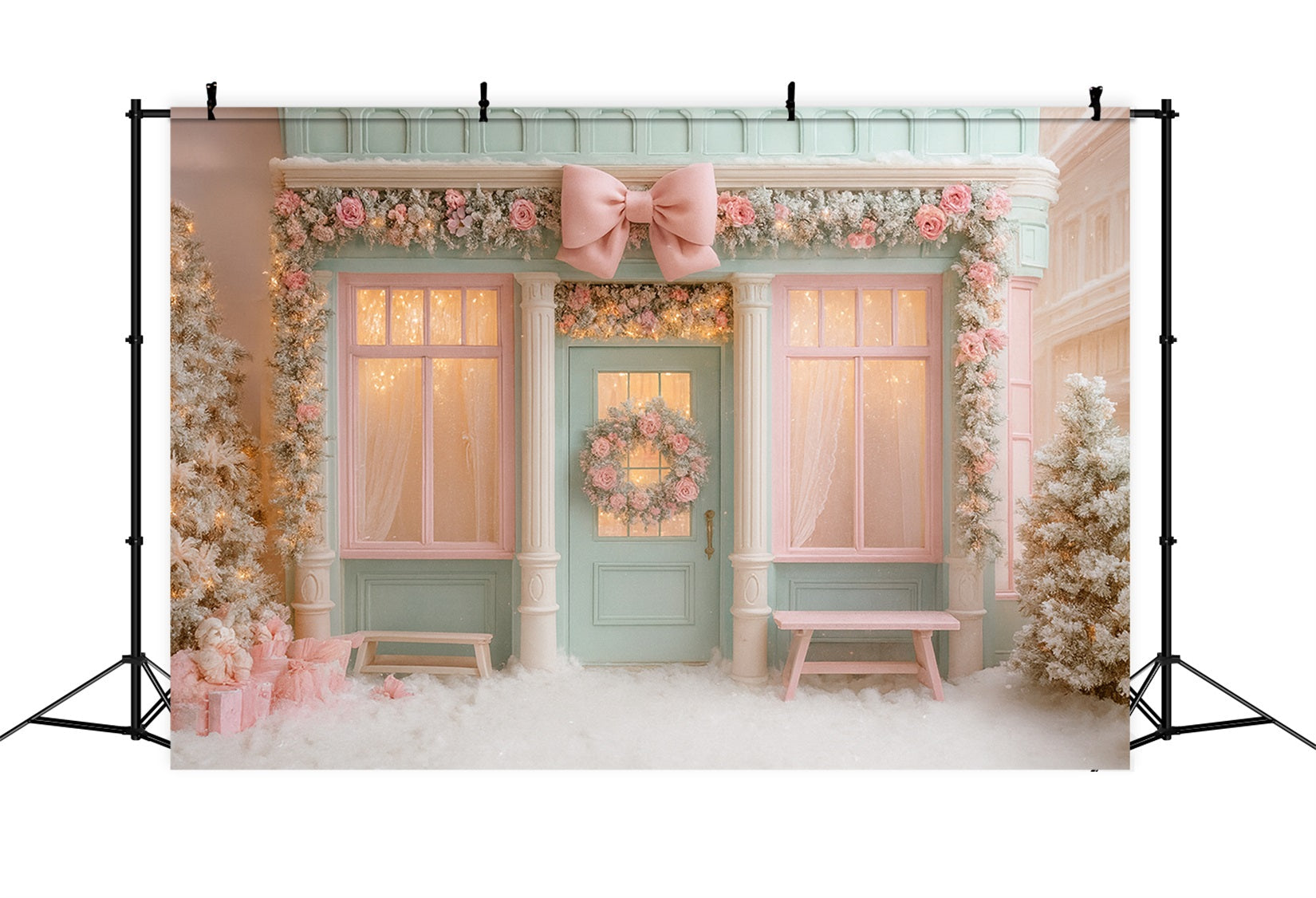 Pink Bow Backdrop Pastel Winter Boutique Doorway Christmas Photo Backdrop UK LXX510-138