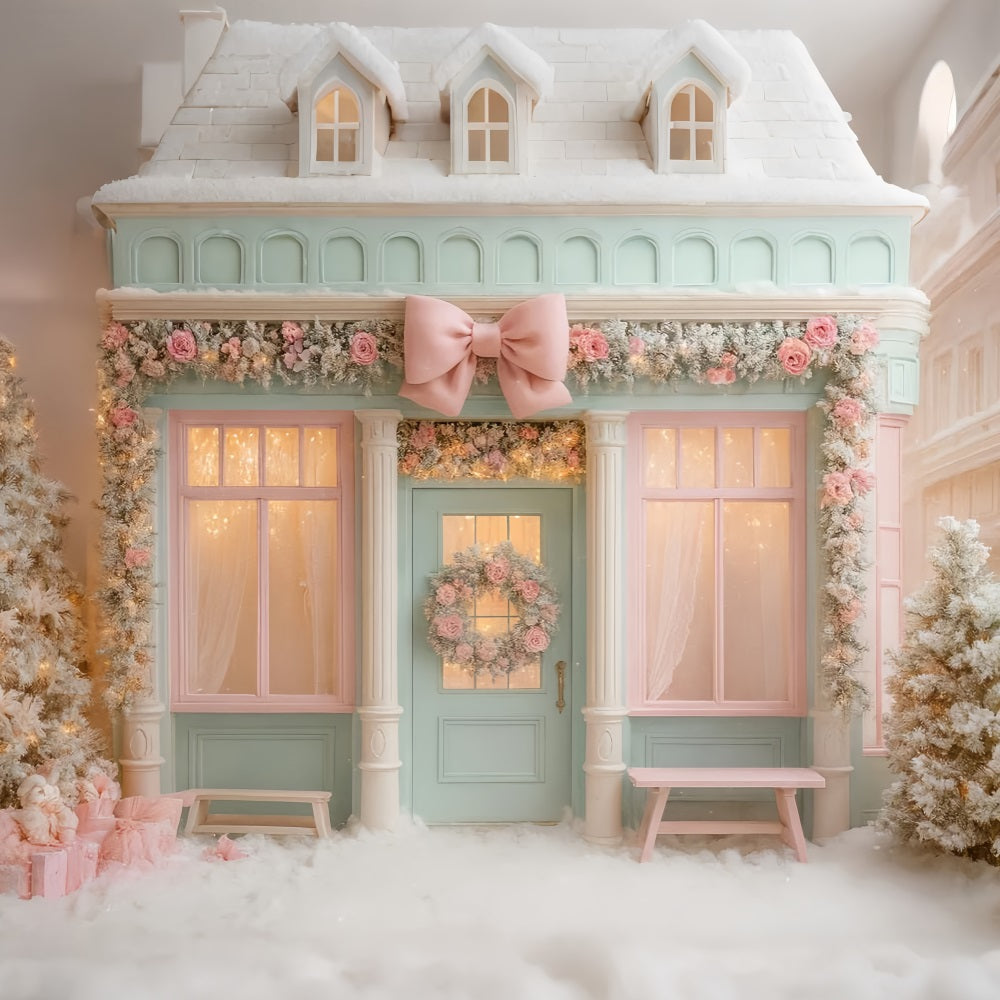Pink Bow Backdrop Pastel Winter Boutique Doorway Christmas Photo Backdrop UK LXX510-138