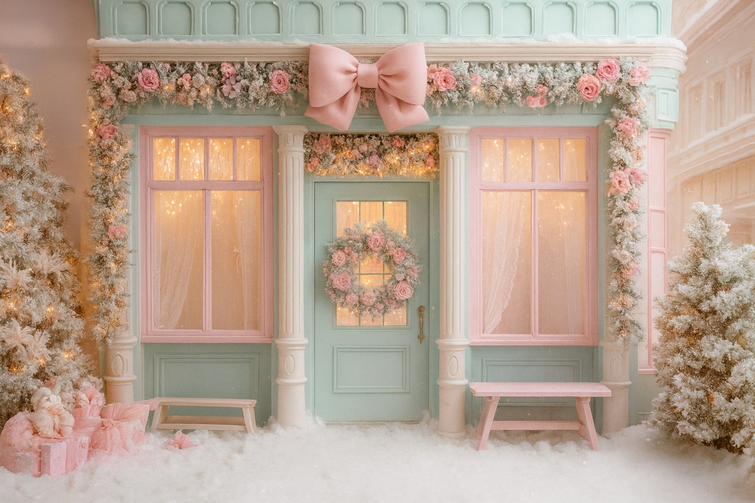 Pink Bow Backdrop Pastel Winter Boutique Doorway Christmas Photo Backdrop UK LXX510-138