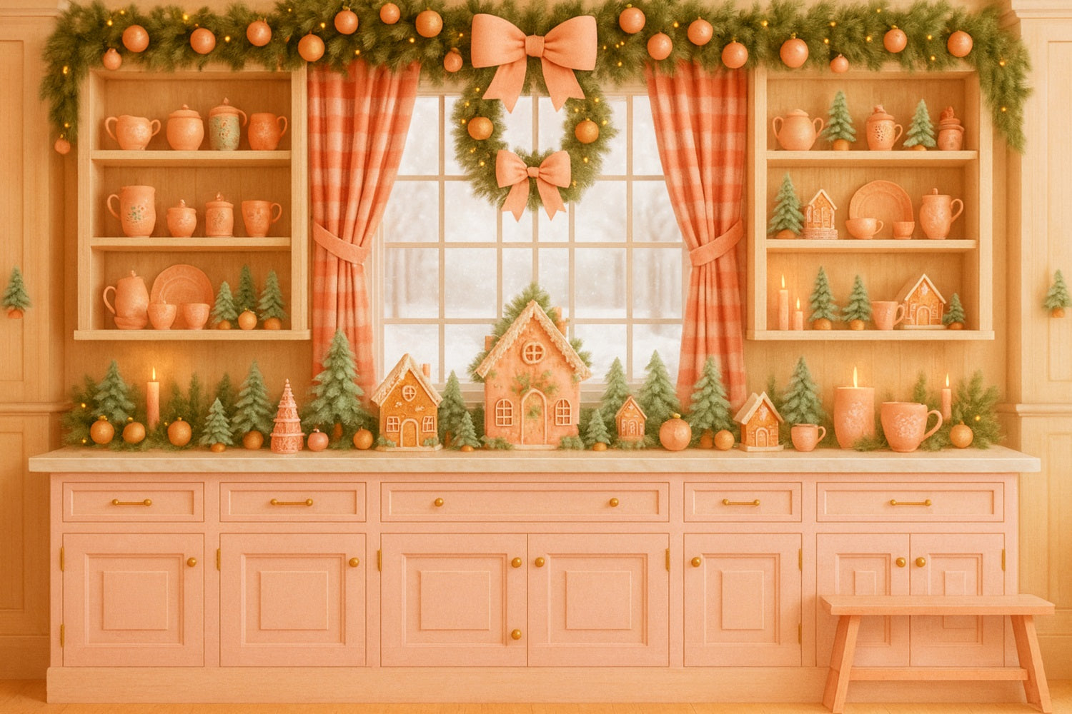 Pink Bow Backdrop Gingerbread Kitchen Holiday Charm Christmas Backdrop UK LXX510-139