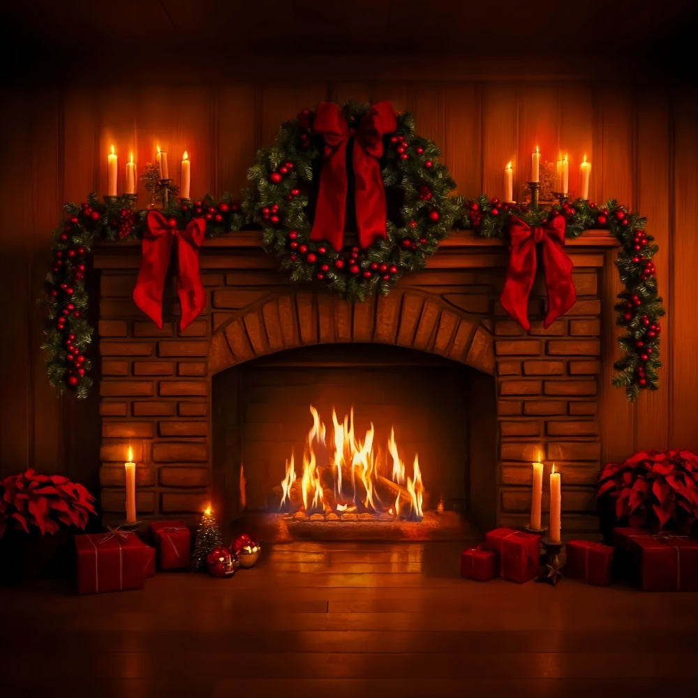 Pink Bow Backdrop Red Garland Fireplace Glow Christmas Photo Backdrop UK LXX510-140