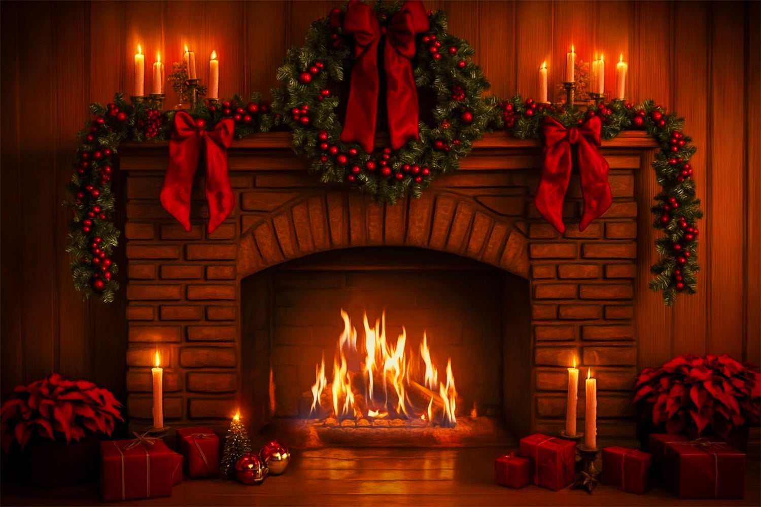 Pink Bow Backdrop Red Garland Fireplace Glow Christmas Photo Backdrop UK LXX510-140