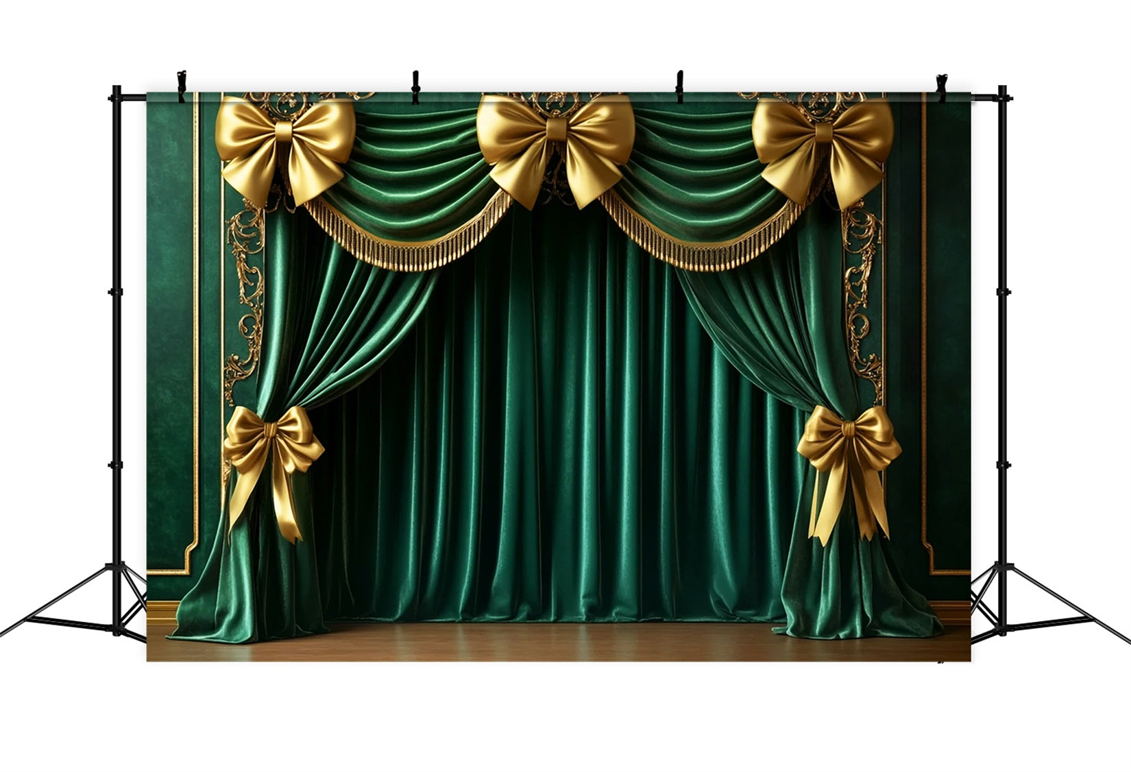 Bow Backdrop Emerald Curtain Golden Glamour Christmas Photo Backdrop UK LXX510-142
