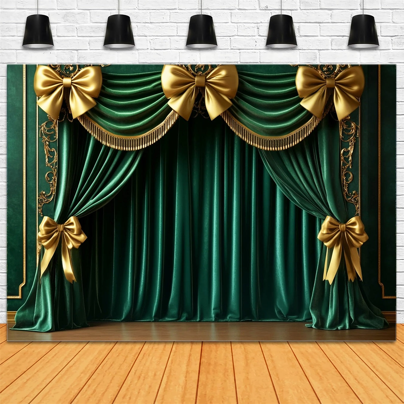 Bow Backdrop Emerald Curtain Golden Glamour Christmas Photo Backdrop UK LXX510-142