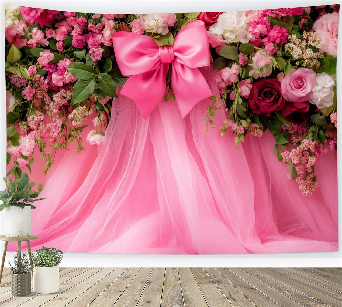 Large Bow Backdrop Pink Floral Tulle Fantasy Flower Backdrop UK LXX510-150