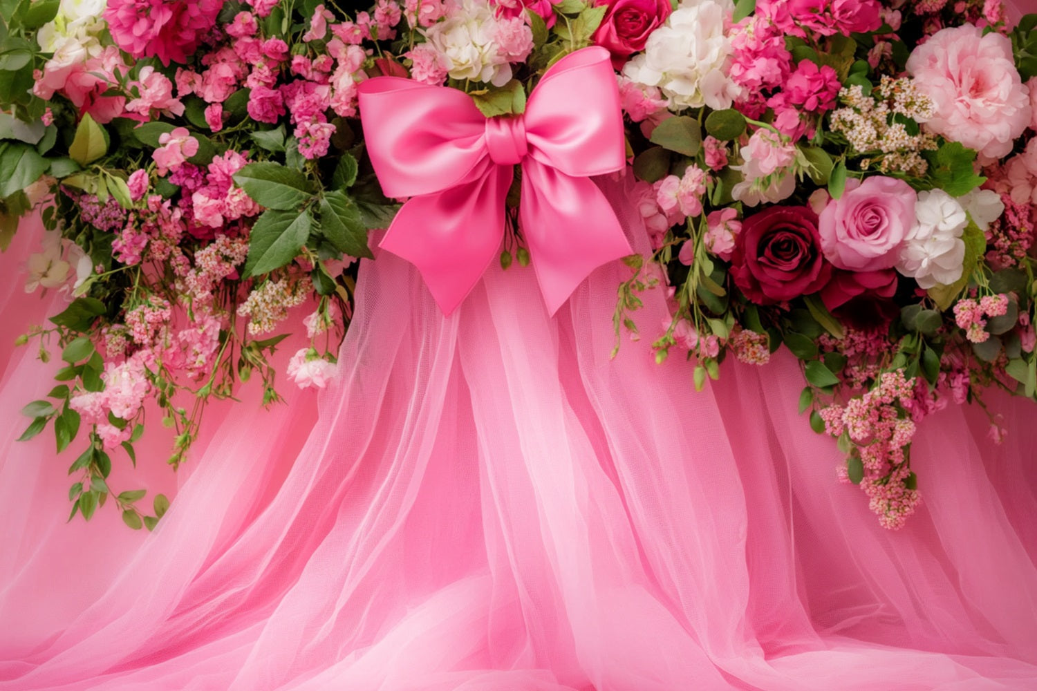 Large Bow Backdrop Pink Floral Tulle Fantasy Flower Backdrop UK LXX510-150