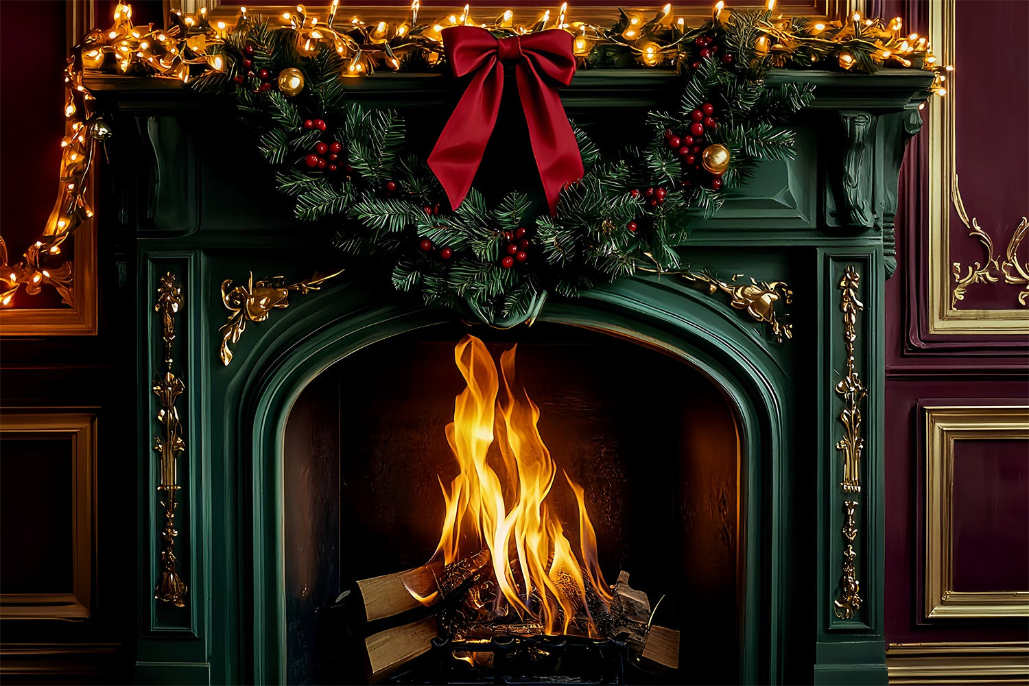 Bow Backdrop Emerald Fireplace Holiday Glow Christmas Backdrop UK LXX510-151