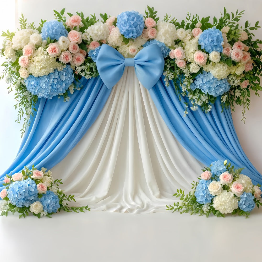 Large Bow Backdrop Blue Floral Draped Elegance Flower Backdrop UK LXX510-153