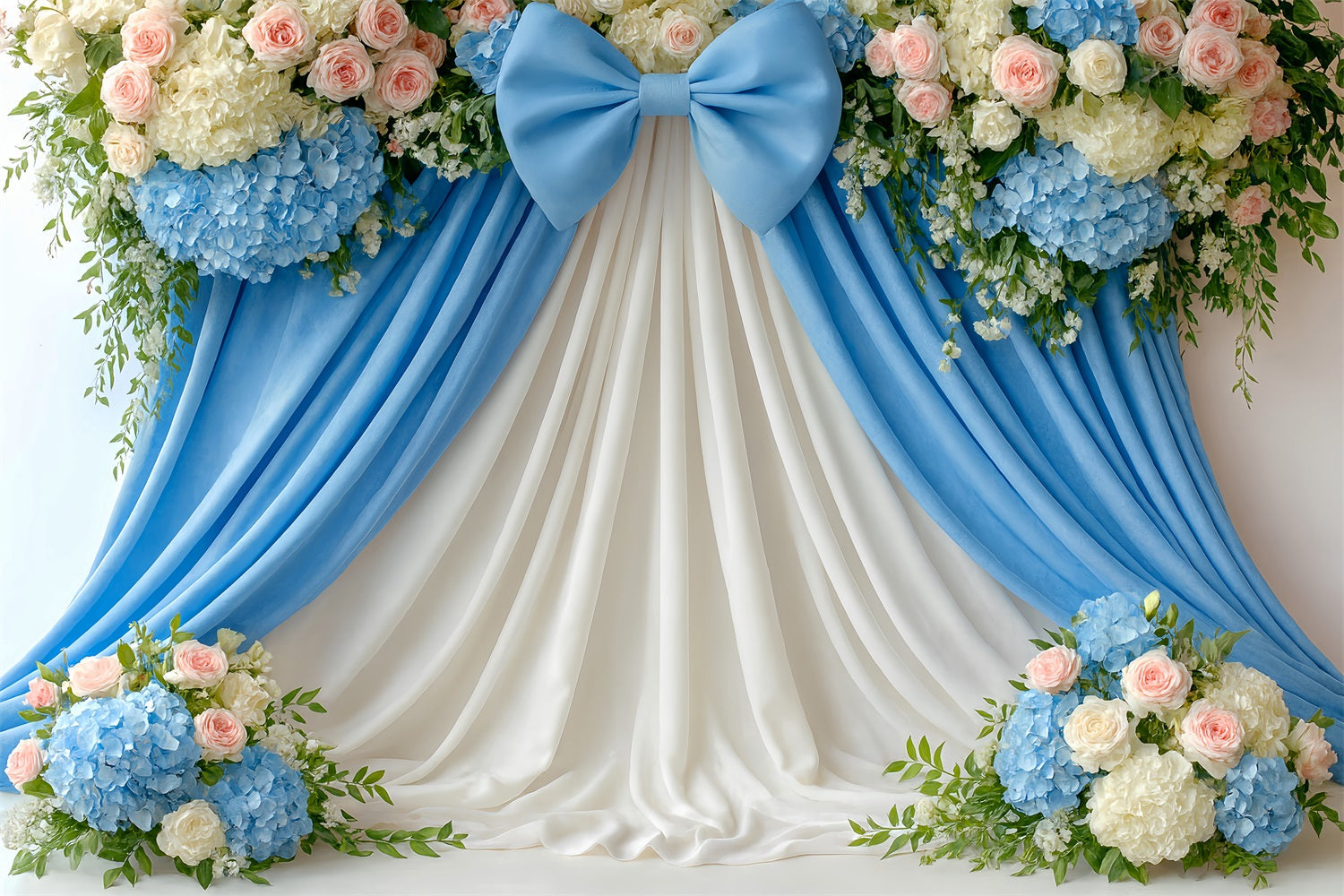 Large Bow Backdrop Blue Floral Draped Elegance Flower Backdrop UK LXX510-153