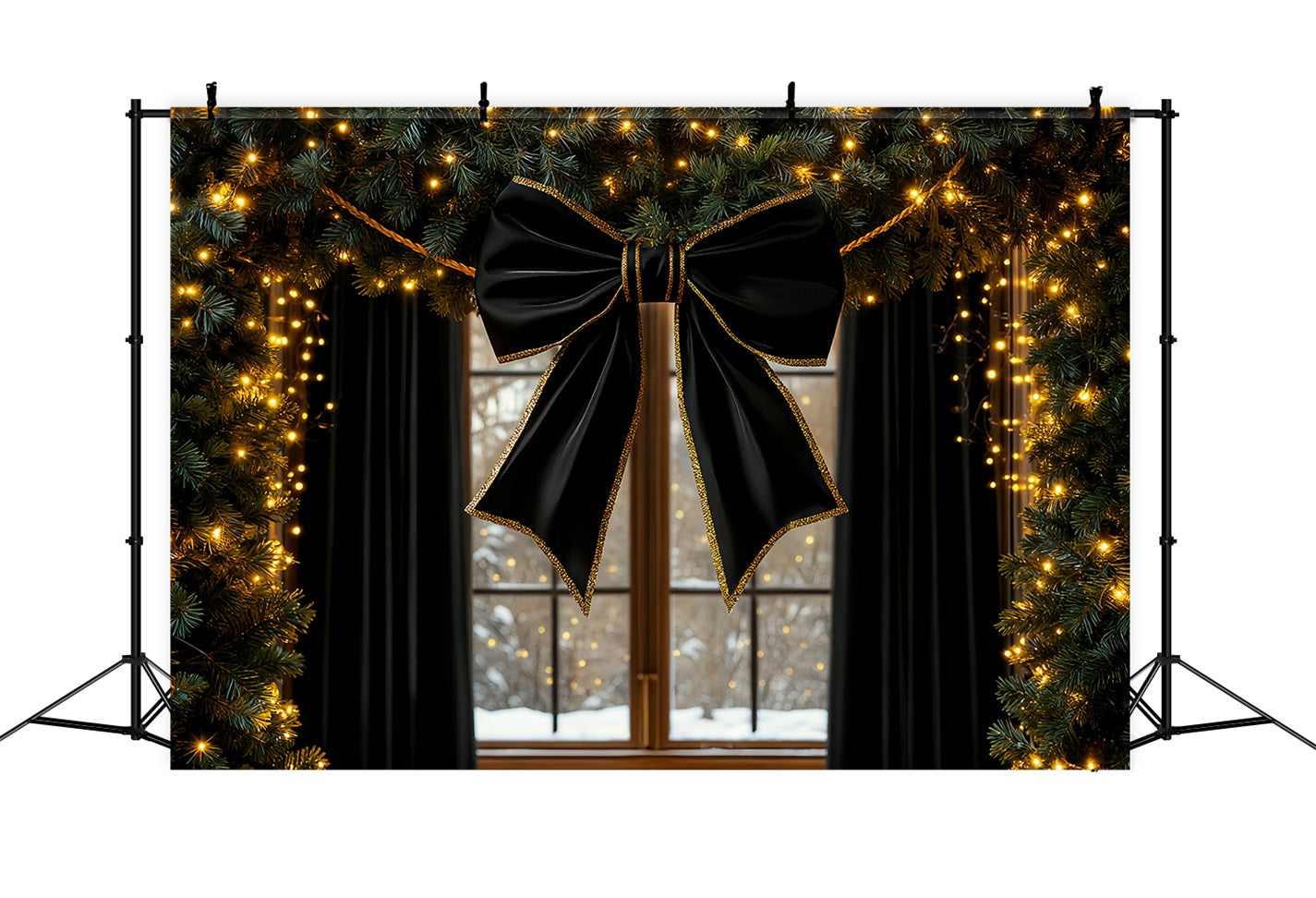 Large Bow Backdrop Black Ribbon Glow Window Christmas Backdrop UK LXX510-155