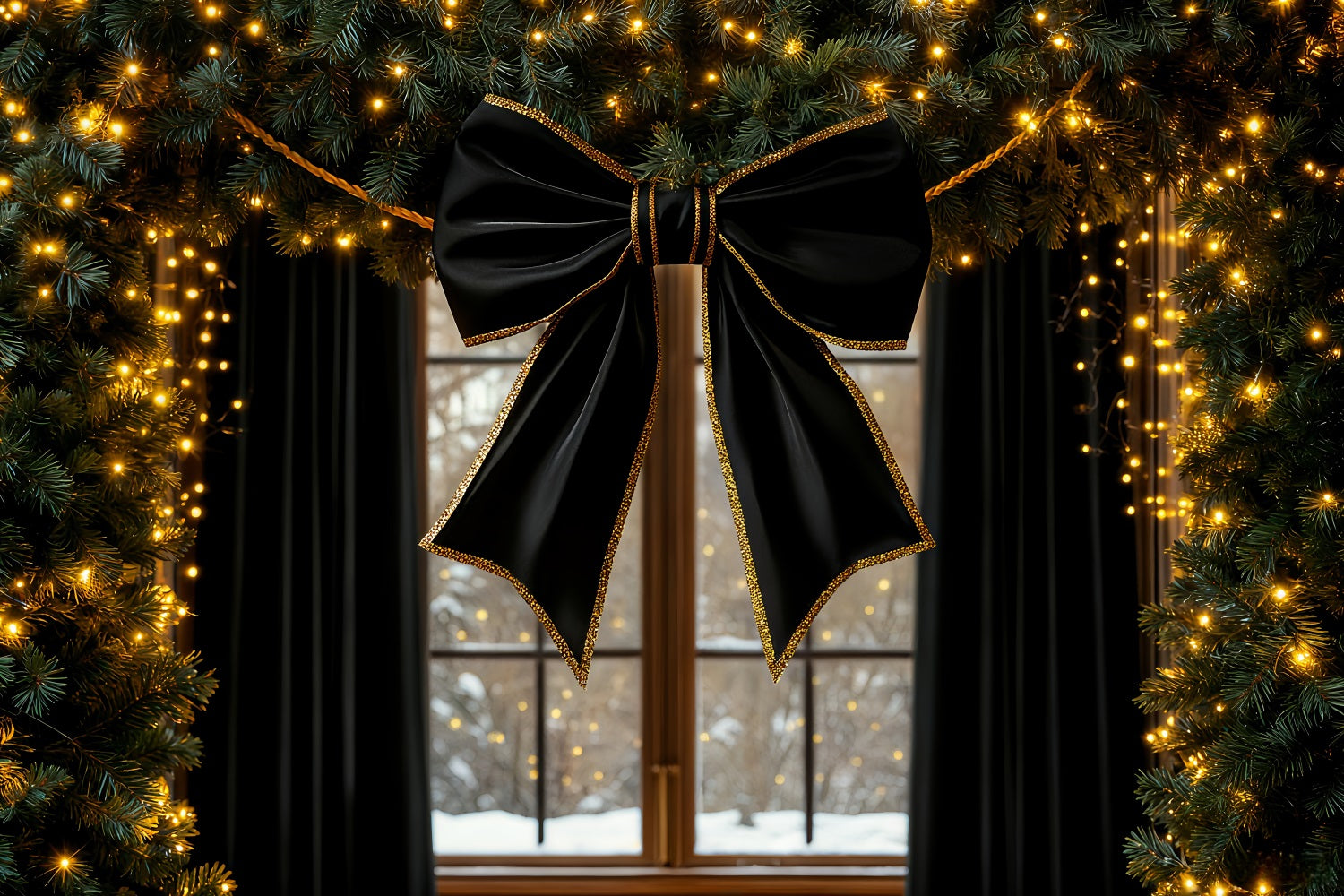 Large Bow Backdrop Black Ribbon Glow Window Christmas Backdrop UK LXX510-155
