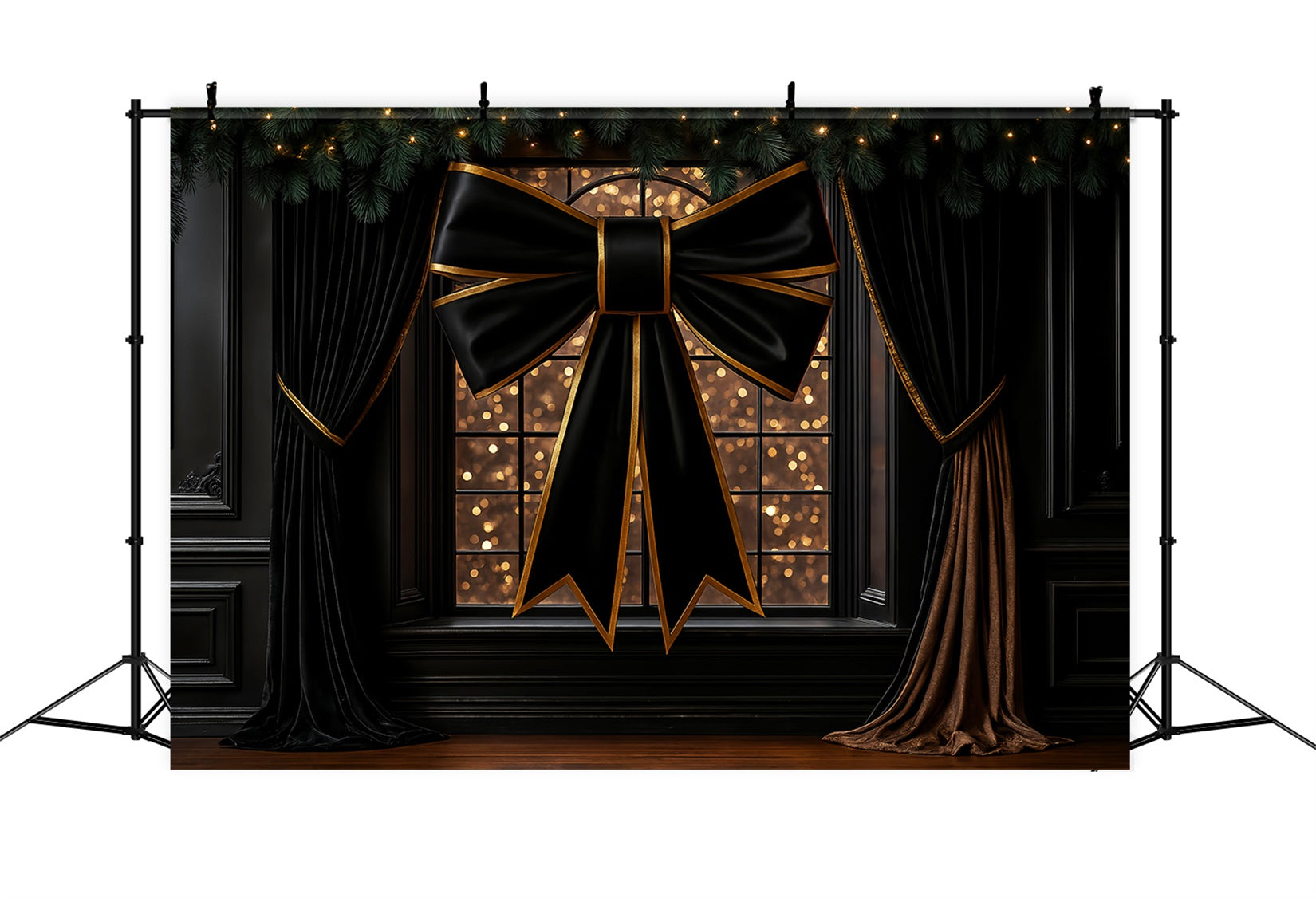 Large Bow Backdrop Elegant Black Gold Window Christmas Photo Backdrop UK LXX510-156