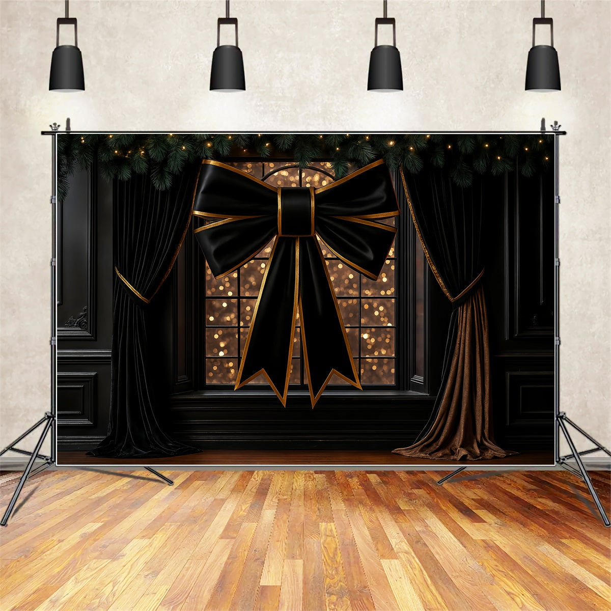 Large Bow Backdrop Elegant Black Gold Window Christmas Photo Backdrop UK LXX510-156