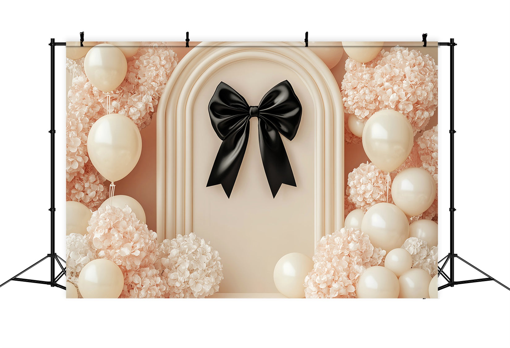 Black Bow Backdrop Cream Balloons Black Ribbon Flower Backdrop UK LXX510-165