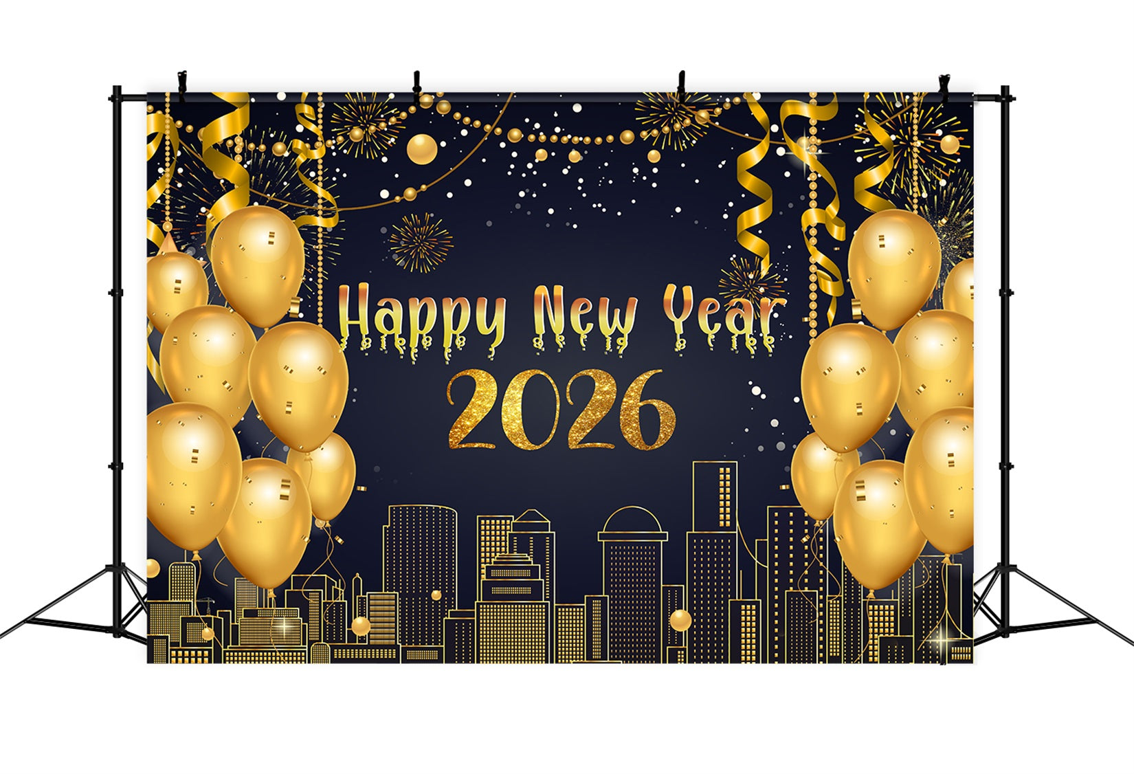 Happy New Year Backdrop Metallic Streamers Skyline Glow New Year Backdrop UK LXX510-2