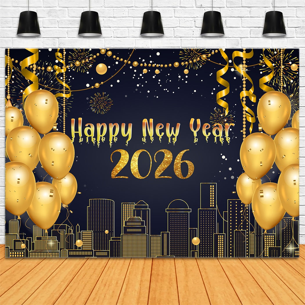 Happy New Year Backdrop Metallic Streamers Skyline Glow New Year Backdrop UK LXX510-2