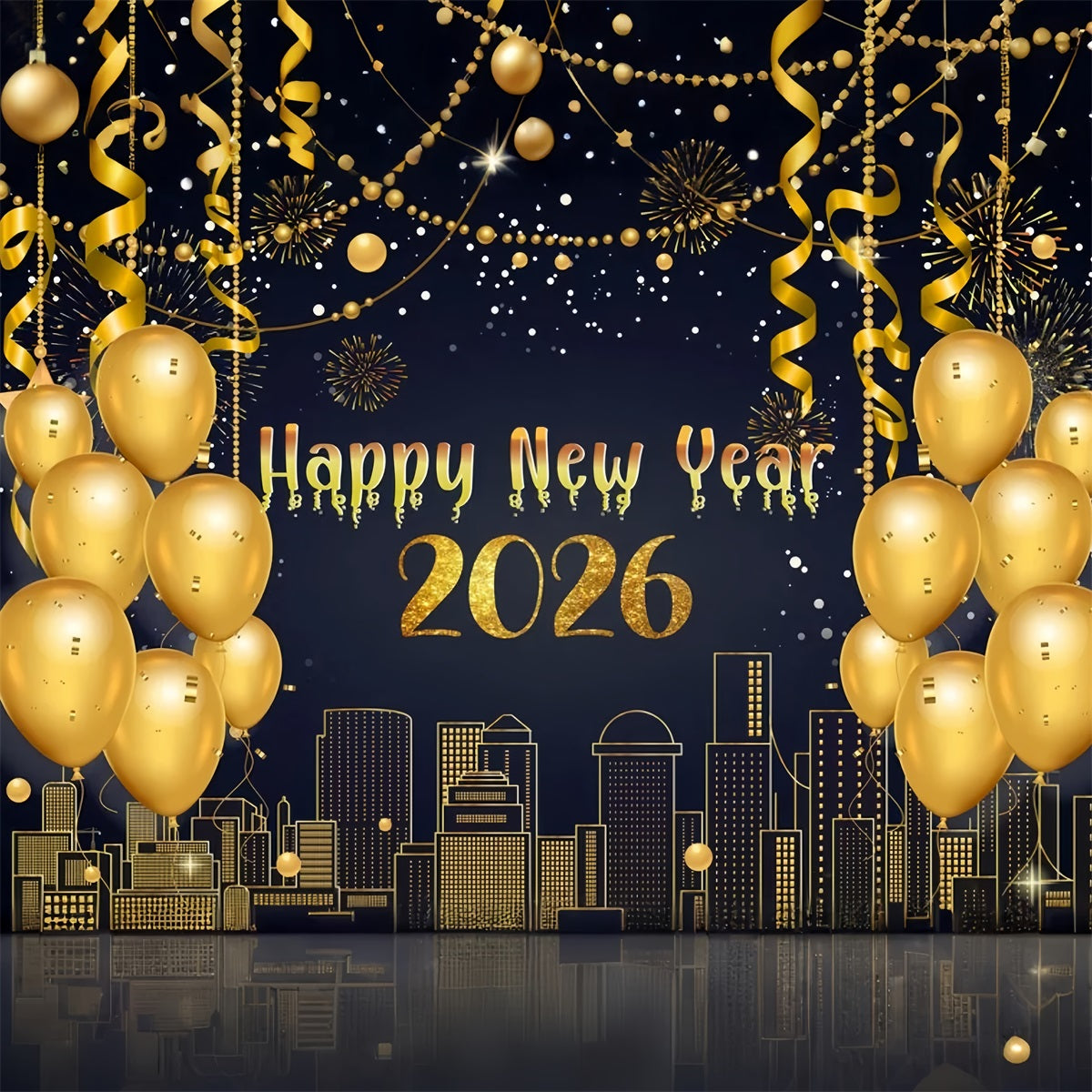 Happy New Year Backdrop Metallic Streamers Skyline Glow New Year Backdrop UK LXX510-2