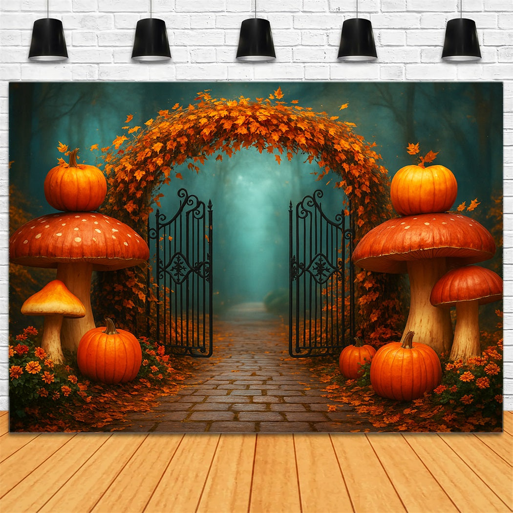 Pumpkins Gate Backdrop Maple Arch Forest Path Thanksgiving Backdrops UK LXX510-20