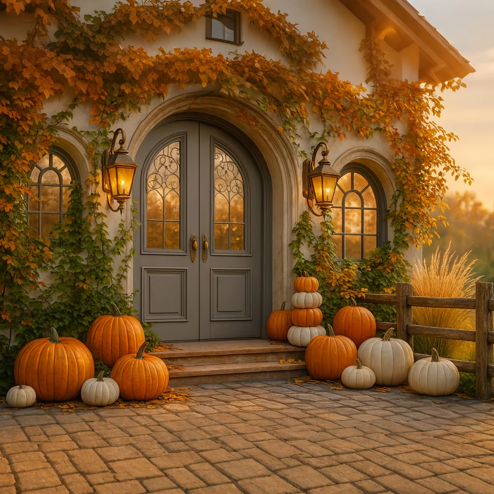 Pumpkin Backdrop Cottage Door Pumpkin Porch Happy Thanksgiving Backdrop UK LXX510-23