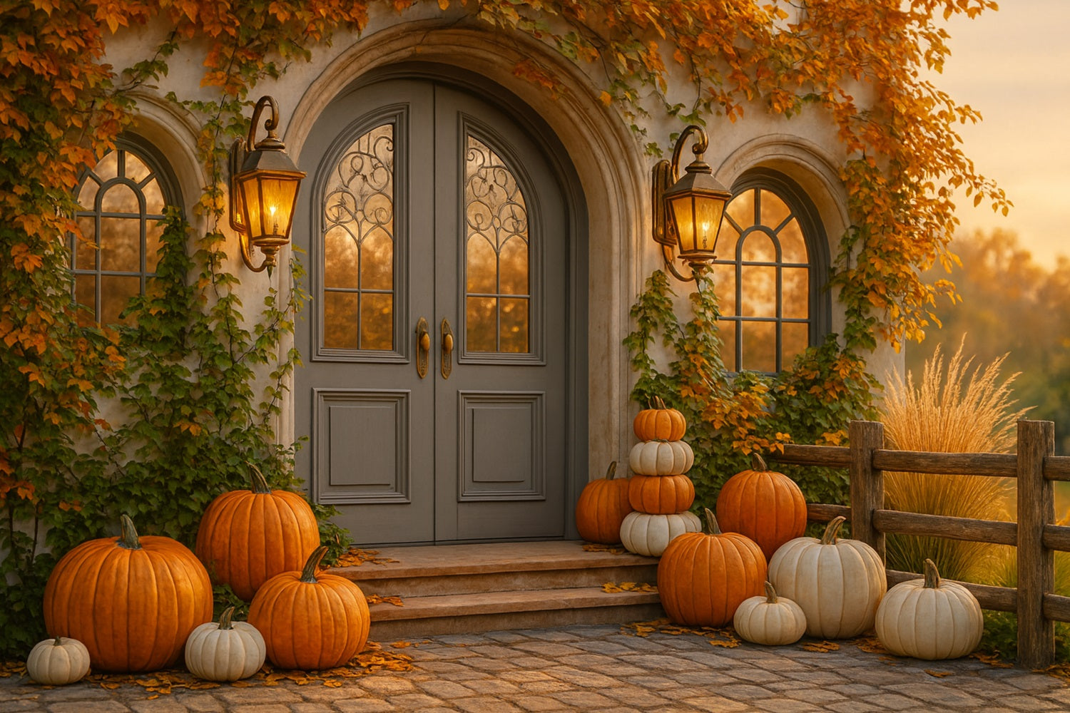 Pumpkin Backdrop Cottage Door Pumpkin Porch Happy Thanksgiving Backdrop UK LXX510-23