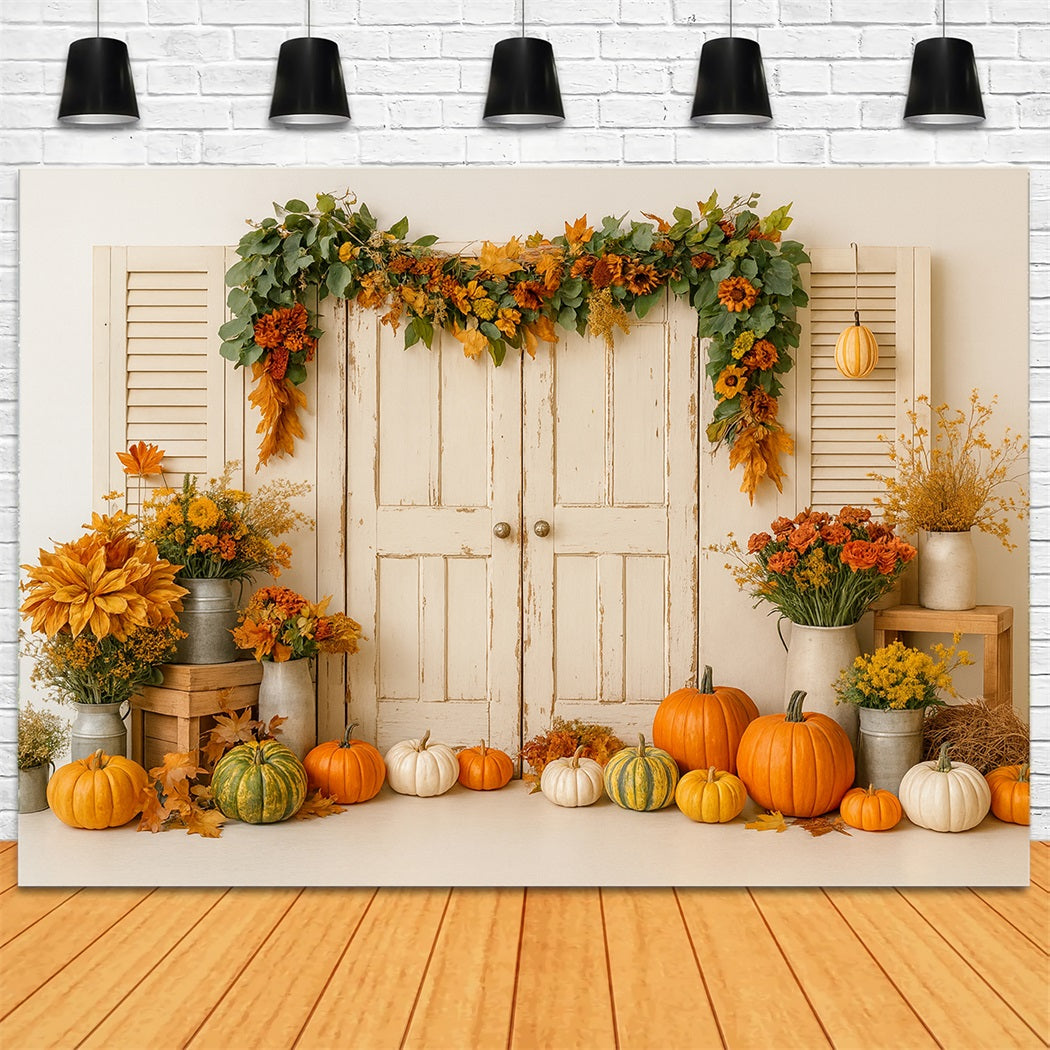 Pumpkin Backdrop Vintage Door Harvest Florals Thanksgiving Photo Backdrop UK LXX510-25