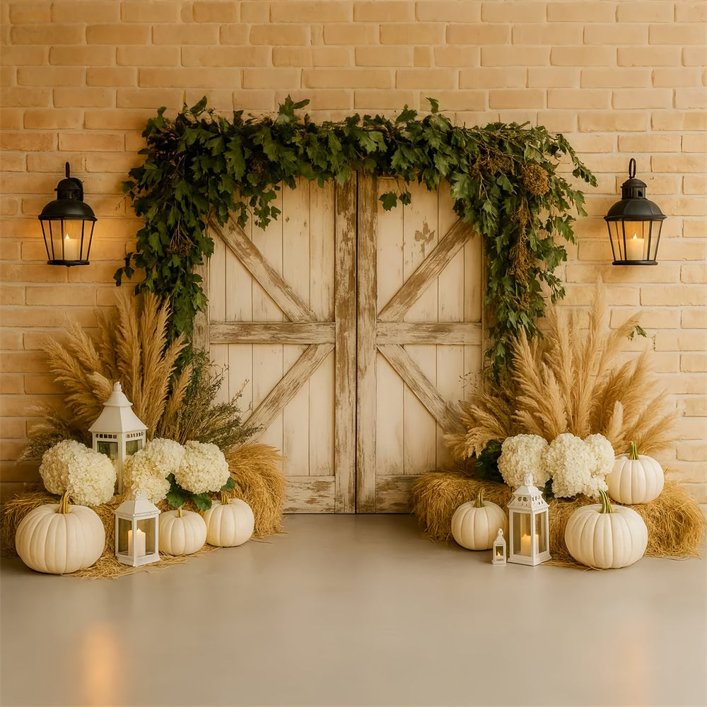 Pumpkin Backdrop Neutral Pampas Elegant Entry Thanksgiving Photo Backdrops UK LXX510-28