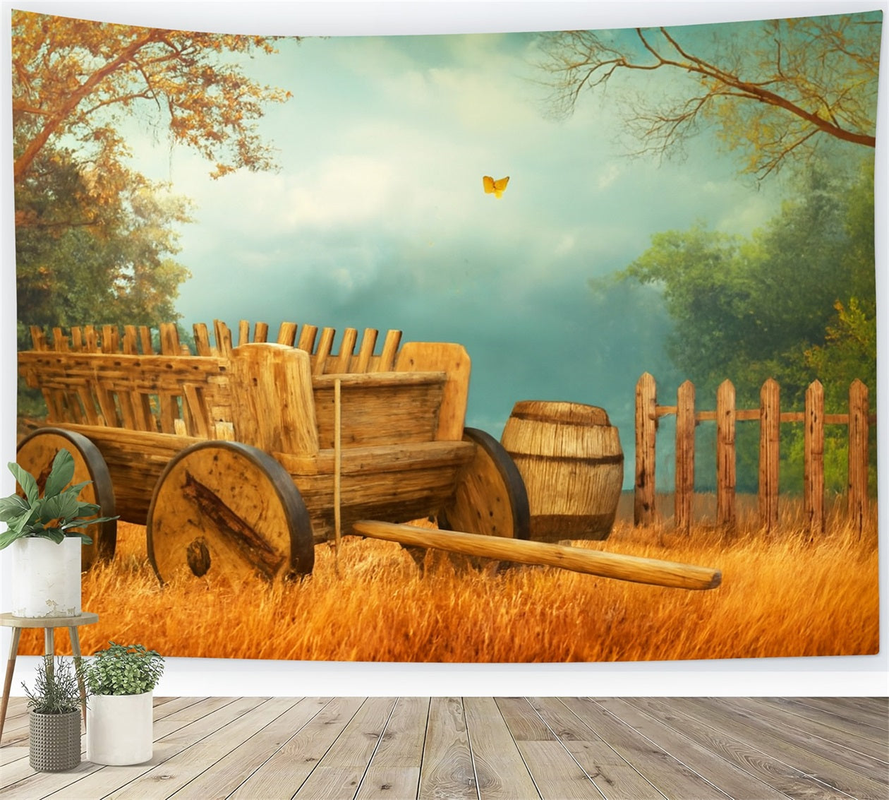 Farm Backdrop Wooden Cart Autumn Meadow Thanksgiving Photo Backdrops UK LXX510-34
