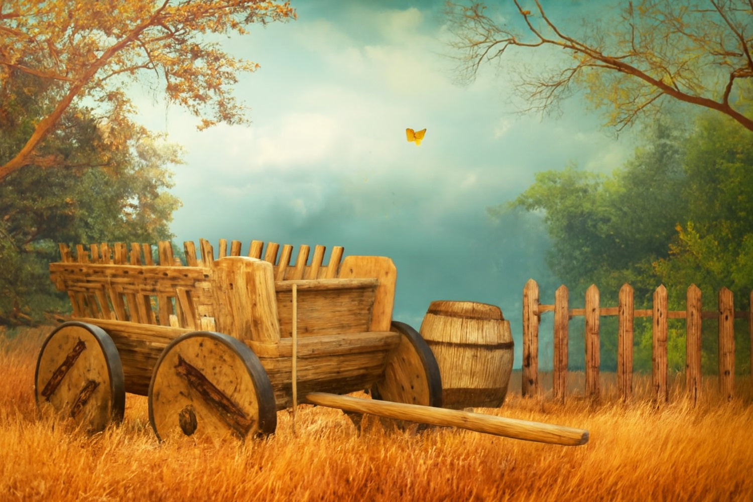 Farm Backdrop Wooden Cart Autumn Meadow Thanksgiving Photo Backdrops UK LXX510-34