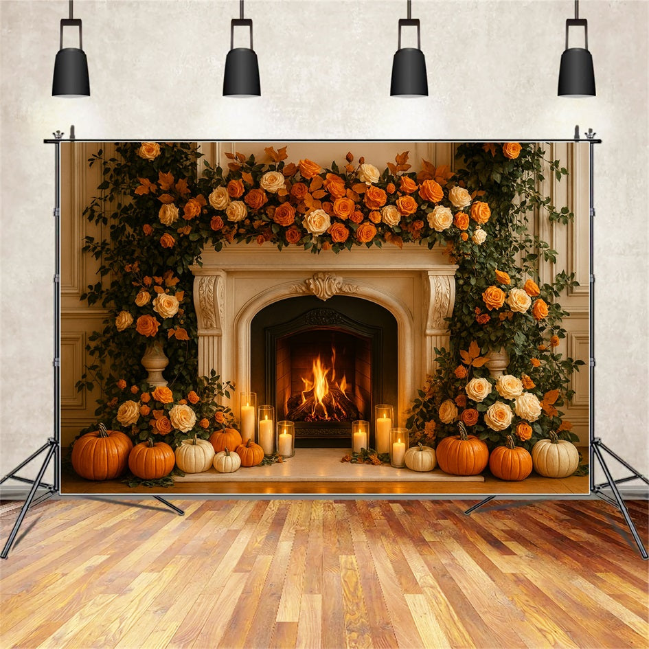 Fall Backdrop Fireplace Roses Candle Glow Thanksgiving Backdrop UK LXX510-36