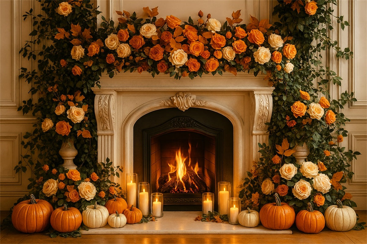 Fall Backdrop Fireplace Roses Candle Glow Thanksgiving Backdrop UK LXX510-36