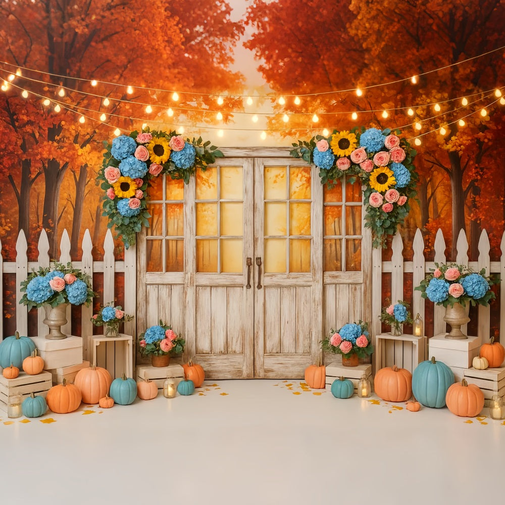 Fall Backdrop Rustic Door Floral Lights Thanksgiving Photo Backdrop UK LXX510-37
