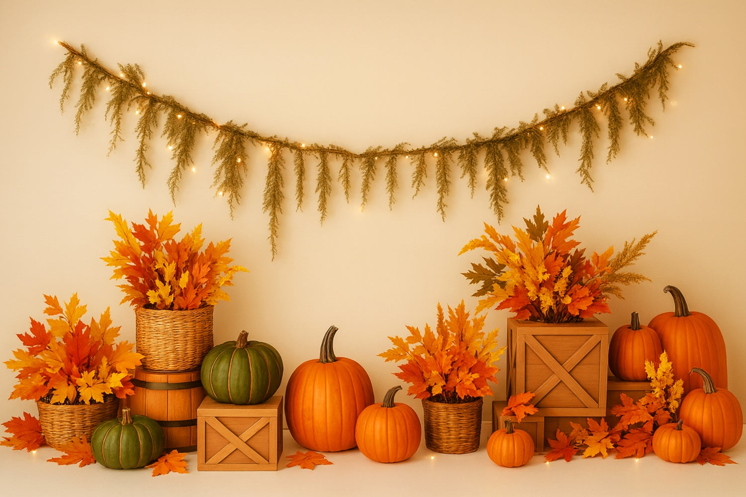 Pumpkin Backdrop Maple Leaves Cozy Arrangement Thanksgiving Photo Backdrops UK LXX510-40